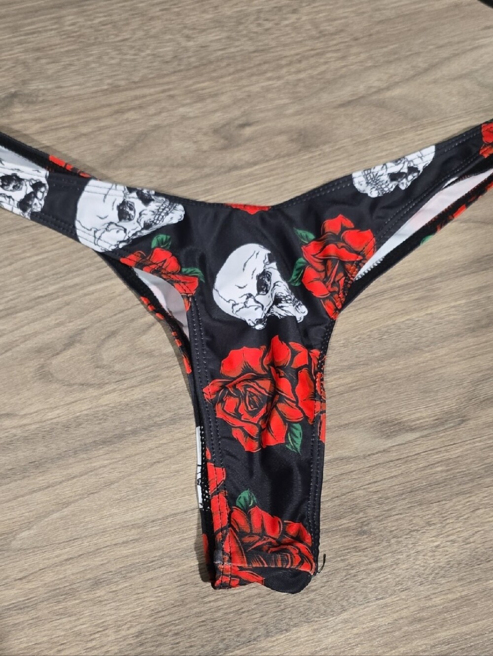Source Unknown Black Bikini Bottoms with Red Roses and White Skulls